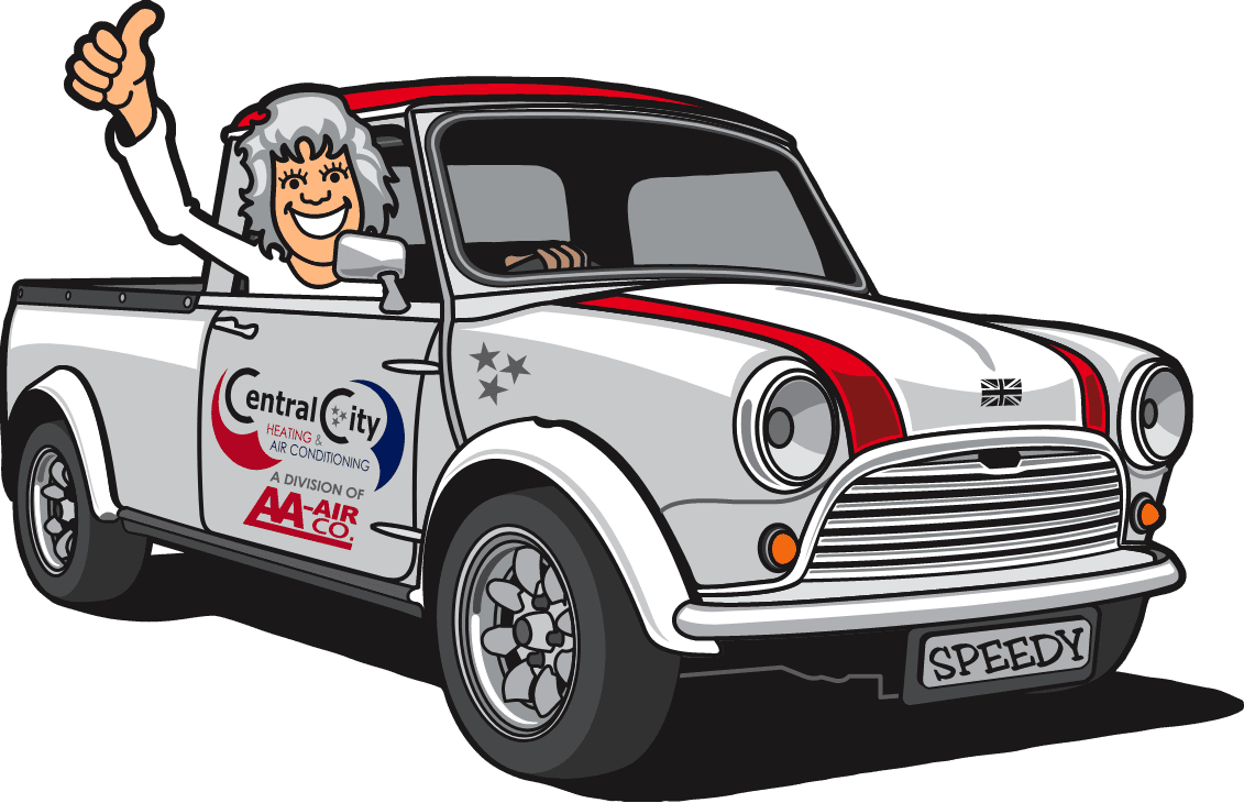 mascot Digital cartoon of owner Donna Kimble sitting in Central City Heating & Air service vehicle.