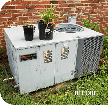 Old packaged HVAC system sitting outside home in Kingston, TN.
